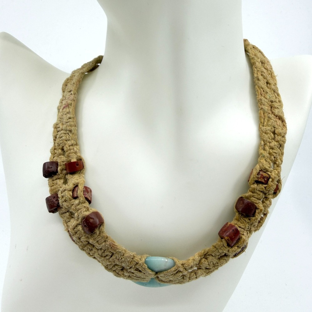 Boho Macrame Necklace Earthy Beaded Statement Piece Natural Fiber Artisan Gift